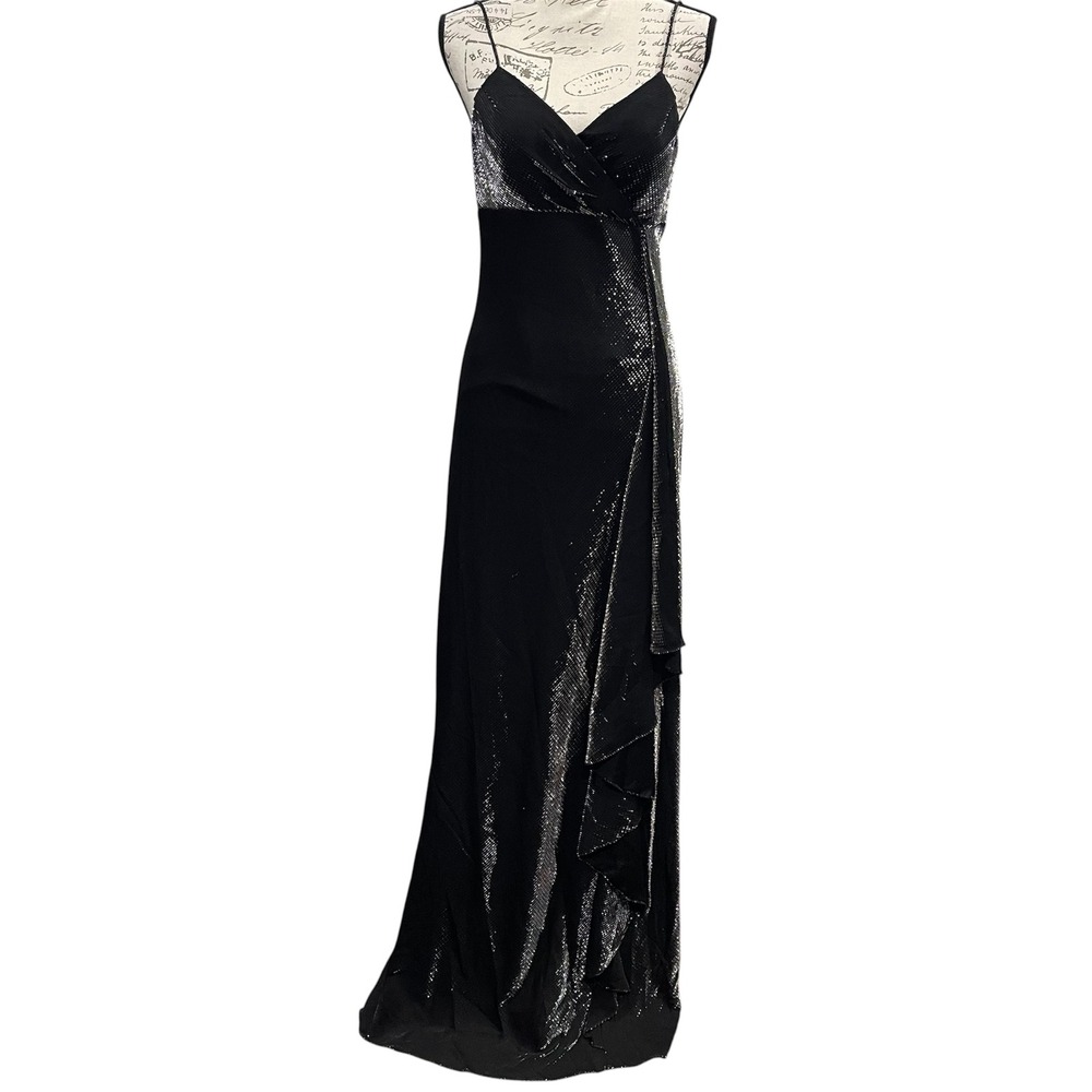 Delaru Gown Women 13/14 Black Silver Formal Metallic Ruffle Shimmer Evening Prom